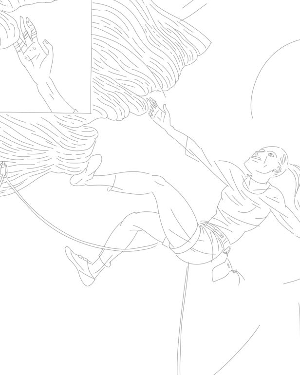 Detail of the line art of an illustration by quasi depicting a female climber climbing a cliff a male can't. The female climber is being encouraged by a group of women.