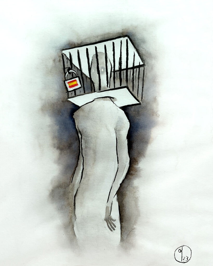 Ink wash illustration by quasi of a souless person with their head in a locked box. The lock has the Spanish flag.