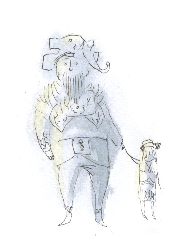 Drawing by quasi of a male inhabitant of an underwater city with his little daughter.