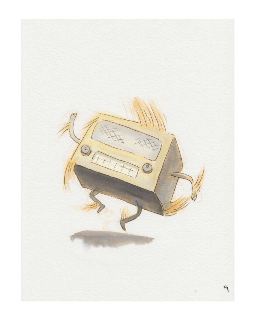 Ink wash illustration by quasi of a dancing radio