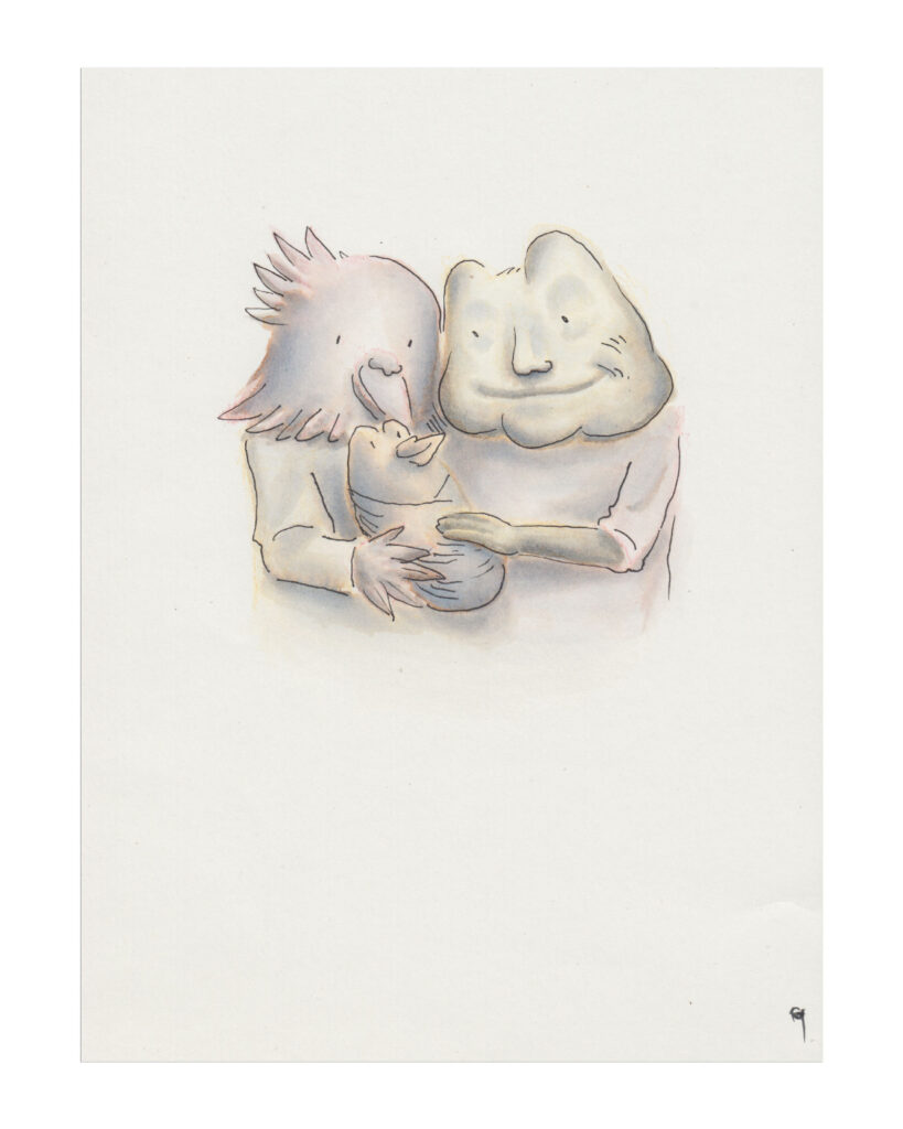 Ink wash illustration by quasi of a couple of a frog and a bird with a frog bird baby