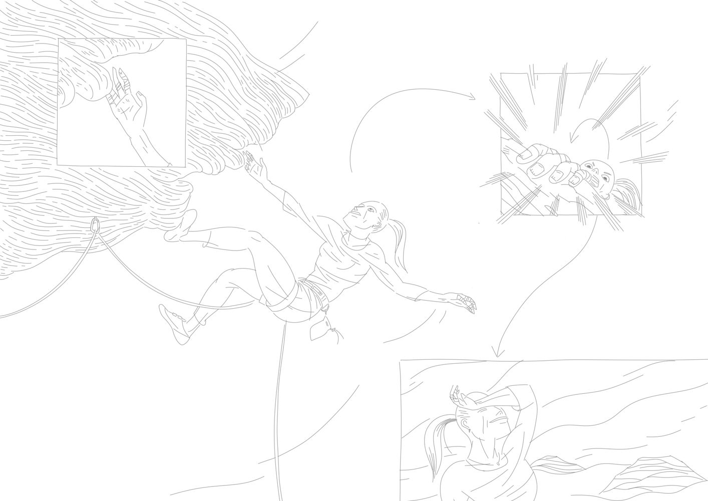 Detail of the line art of an illustration by quasi depicting a female climber climbing a cliff a male can't.