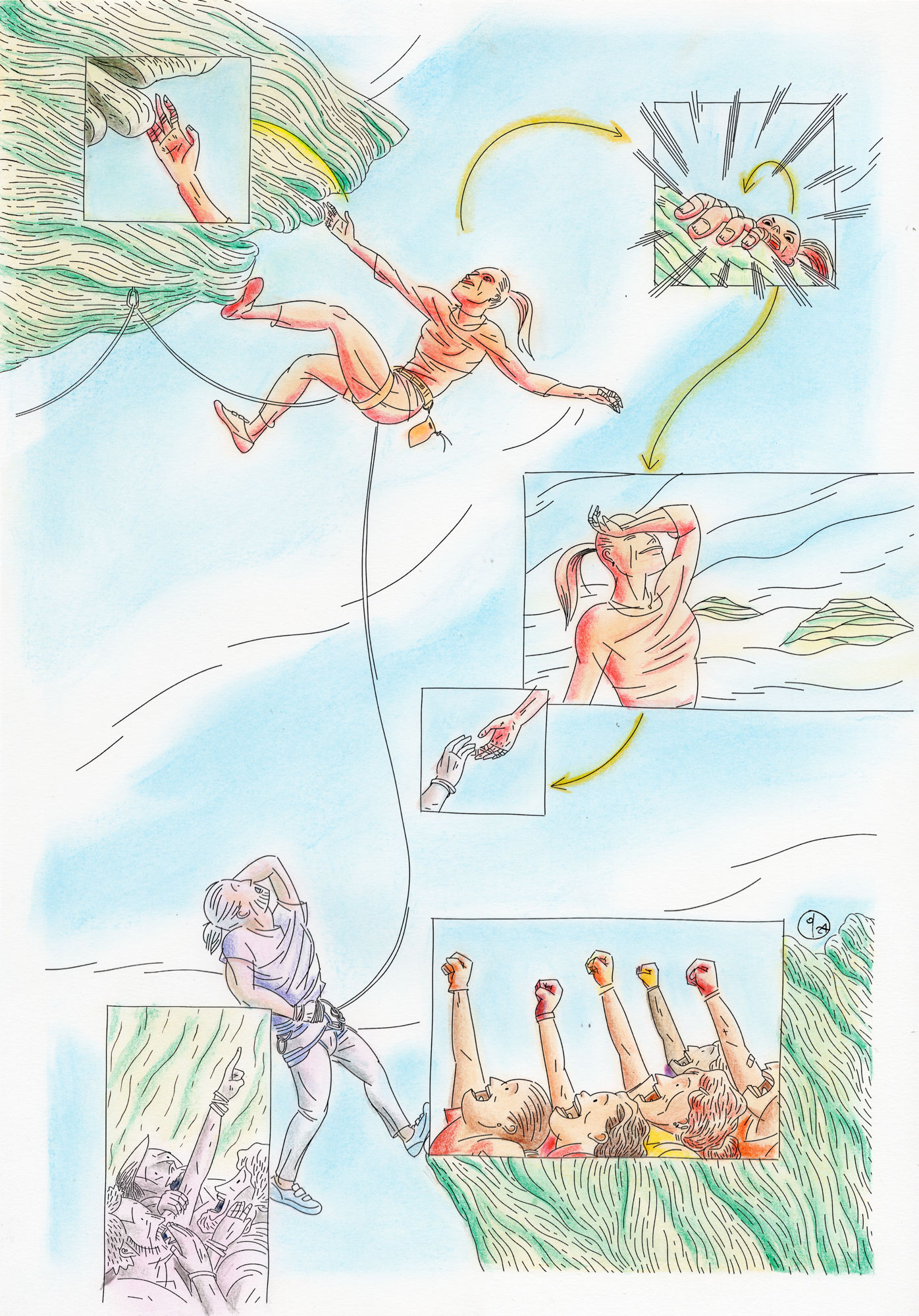 Illustration by quasi depicting a female climber climbing a cliff what a male can't. The female climber is being encouraged by a group of women.