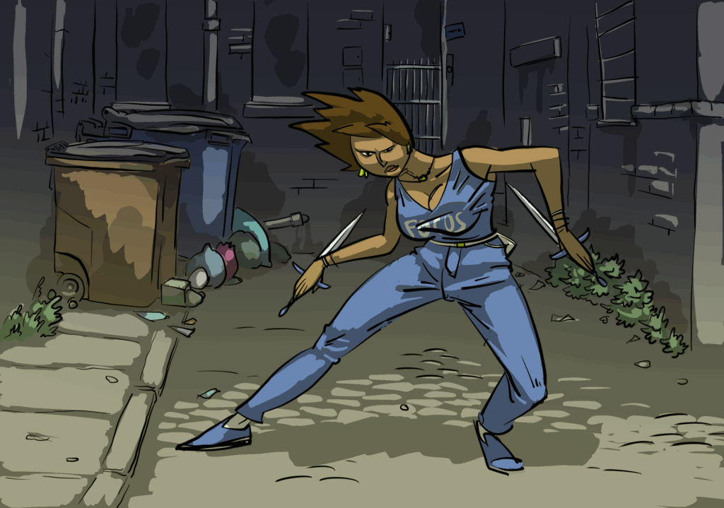 Dynamic pose illustration, by quasi, of a female urban warrior with small twin blades in an ally