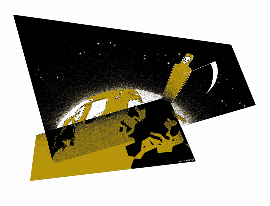 Digital illustration by quasi of a huge death character casting its shadow over Europe and part of the USA.