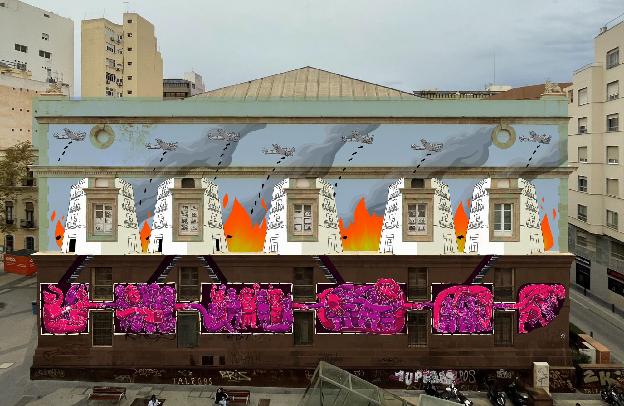 Mural design by quasi on the back of the Cervantes Theatre of Almeria, Spain. The mural depict the role of women during the Spanish Civil War in five panels