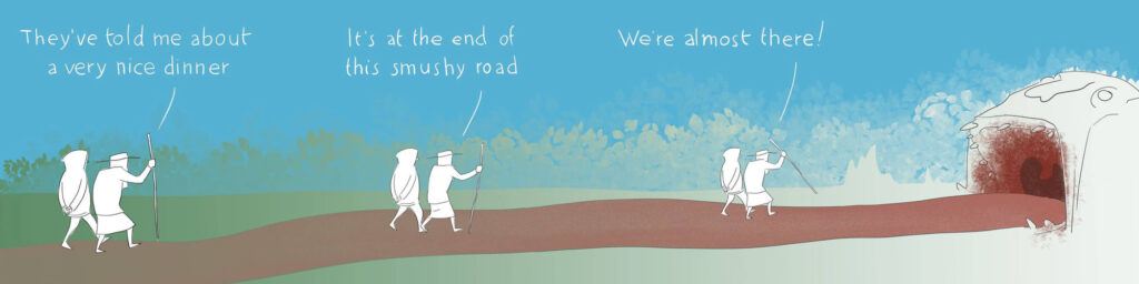 One flow 4 panel comic strip by quasi of two people going to eat inside a giant's mouth.