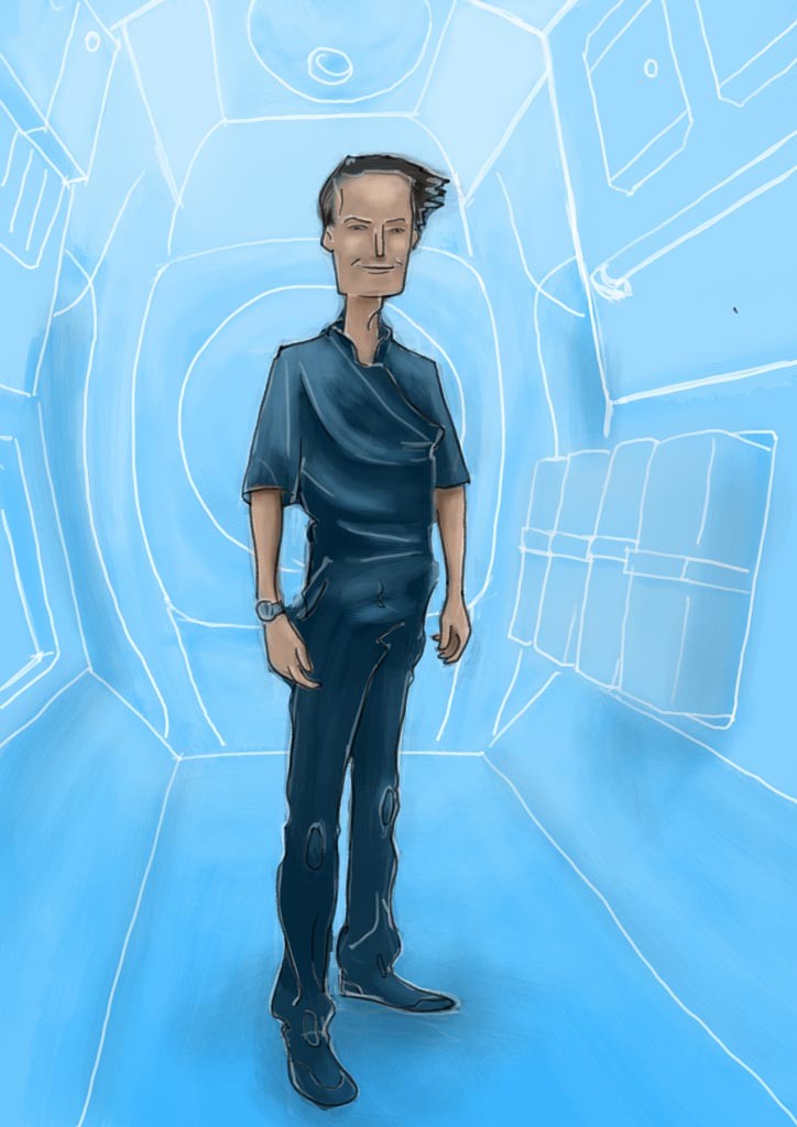 Drawing by quasi of a guy standing in a light blue, almost white, space station corridor.