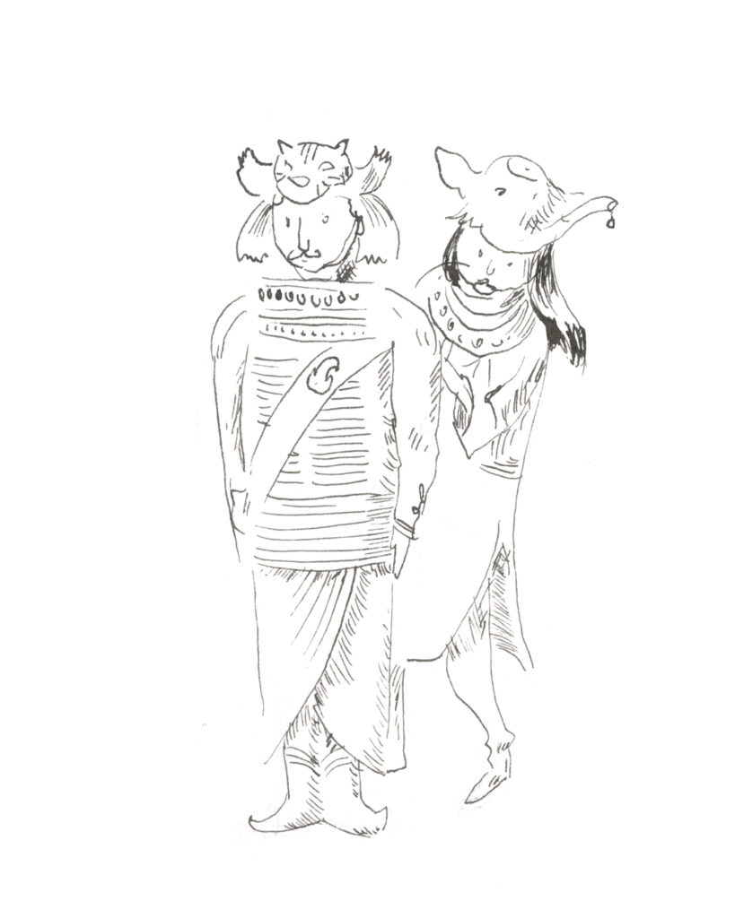 Drawing by quasi of a guard in an underwater city and a woman leaning out behind him.