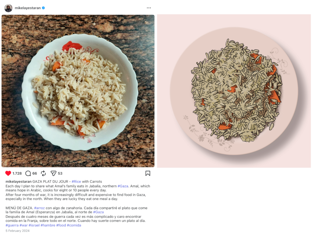 Menu de Gaza Dish of 2024-02-05 from the Instagram of Mike Layestaran and the digital illustration by quasi based on it, side by side.