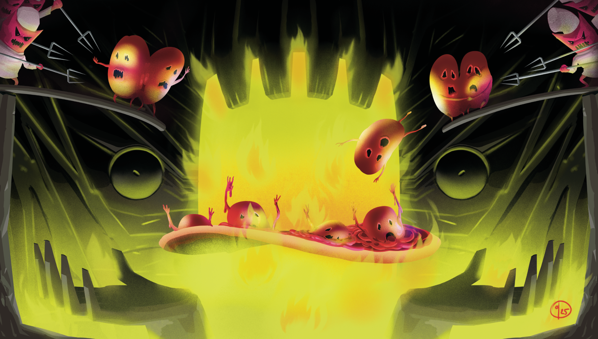 Digital illustration by quasi showing Tomato hell as a giant oven with small devils pushing tomatoes on a large pizza